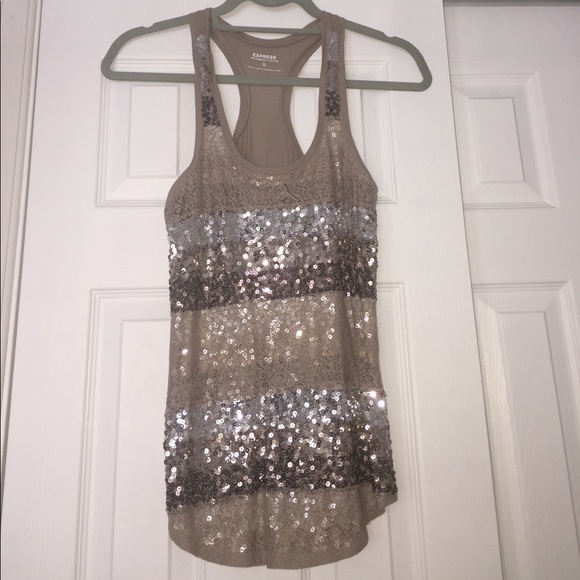 Taupe and silver sequin and lace tank top - Picture 1 of 3